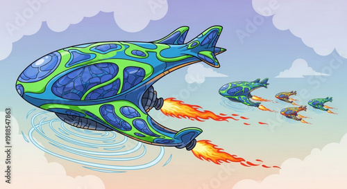 Futuristic green and blue whale shaped aircraft fly through sky with flames from engines