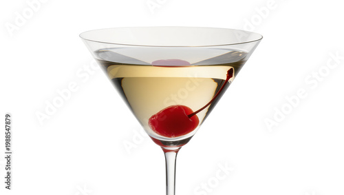 Bild auf Leinwand Clear cocktail in martini glass with red cherry garnish, isolated on transparent