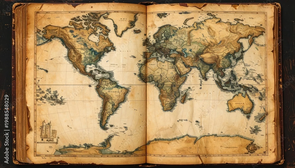 Fototapeta premium Antique World Map Open Book Vintage Cartography Illustration.