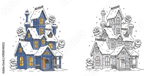Halloween Christmas Haunted House in Snow Coloring Page, Spooky Winter Mansion with Ghosts and Lights, Festive Kids Activity Vector Illustration