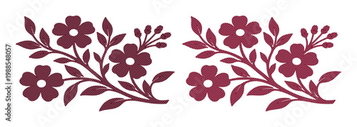 Set of Two Maroon Floral Silhouettes with Leaves and Buds Vector