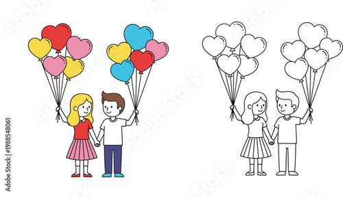 Cute Cartoon Couple Holding Heart Shaped Balloons Bundle Including Color and Line Art Versions for Coloring Book and Valentine's Day Design