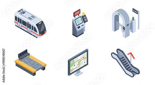Isometric Smart Metro System Icon Set, Urban Public Transportation, Subway Train, Ticket Vending Machine, and Modern Railway Station Facilities.