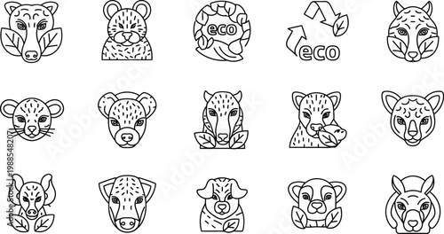 Eco friendly animal icons set, 15 black line vector illustrations of wildlife and nature conservation, sustainable environment symbols