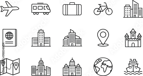 Collection of minimalist line icons for global travel tourism urban architecture and transportation concept vector.