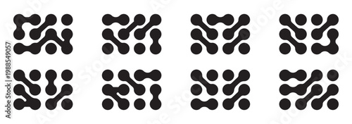 Abstract metaball figures. Metaball dot shapes, y2k connected round blobs icons flat vector illustration set. Liquid molecule shapes on white . Black pattern of dots metabol . connected molecules .