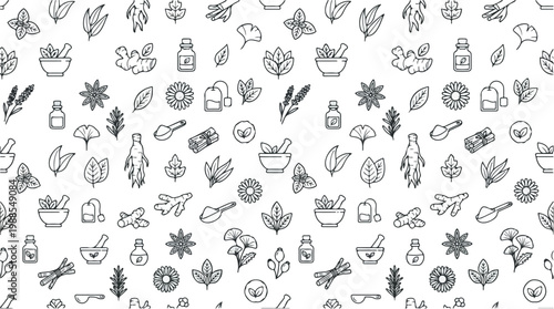 Seamless pattern of natural health and wellness icons including herbs, essential oils, and mortar and pestle