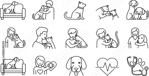 Minimalist pet care line icons, 15 vector elements of dogs and cats with owners, veterinary medicine and animal adoption symbols for web design