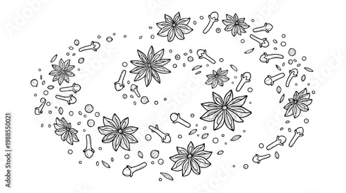 Whimsical spiral pattern of star anise and cloves with small dots creating a decorative culinary spice design