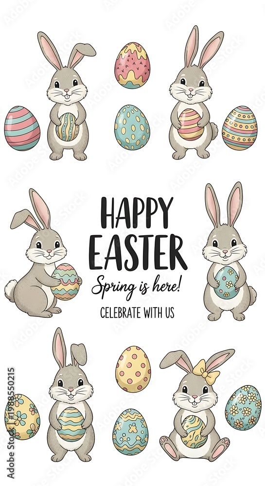 Fototapeta premium Adorable cartoon bunnies and decorated eggs celebrate springtime joy