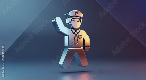 Chrome metallic 3d render of police officer figure with hand raised in stop gesture against abstract geometric background.