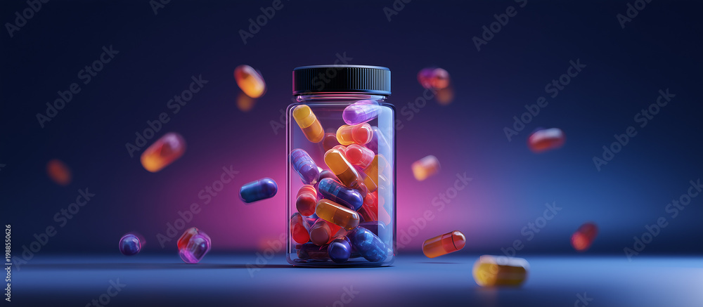 Obraz premium Futuristic collagen supplement packaging with vibrant capsules in glass jar