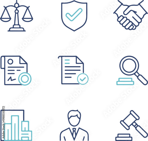 Legal and Corporate Compliance Icon Set: Law, Justice, and Business Ethics Vector Illustrations