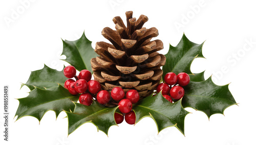Cuadro en lienzo Pine cone and holly berries arrangement, isolated on transparent background