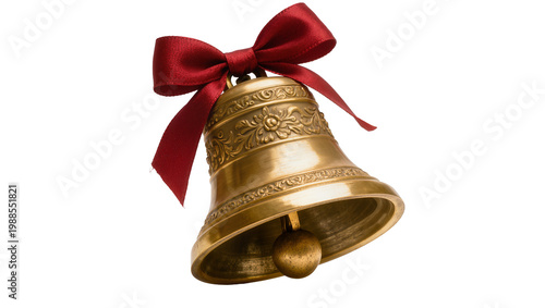 Photos Ornate golden bell with red ribbon bow, isolated on transparent background