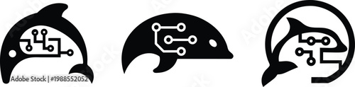 Bionic dolphin logo set with integrated circuit board silhouette designs, Artificial intelligence marine mammal icons for tech and ocean science branding
