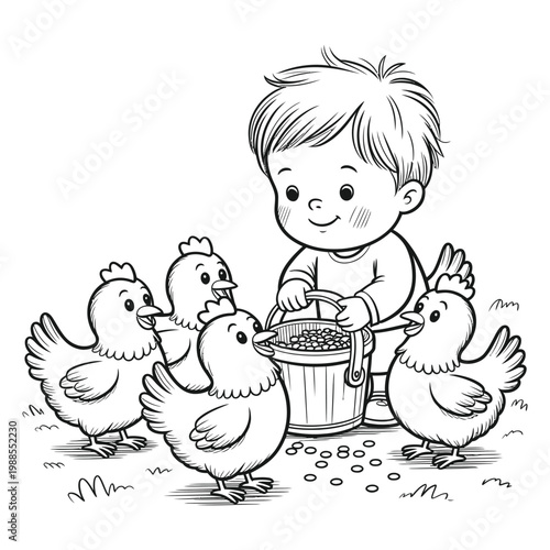A young boy cheerfully feeds a group of chickens from a small bucket silhouette