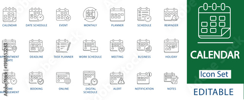 Calendar and Scheduling Icon Set: Professional Business Time Management, Appointment Booking, Deadline Alert, Event Planner, Monthly Schedule, Task Management, and Online Meeting Line Icons.