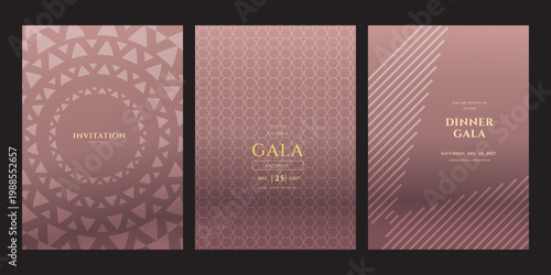 A set of three elegant gala invitation templates featuring geometric patterns and a sophisticated rose gold color palette for special events like 25, 2027.