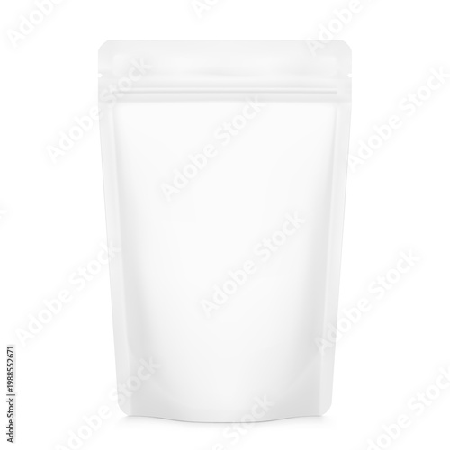 Realistic stand up pouch bag mockup with transparent shadow. Vector illustration isolated on white background. Ready for your design. EPS10.