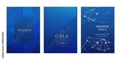 Three modern blue abstract gala event invitation templates featuring geometric patterns and date 2027 for a sleek announcement.