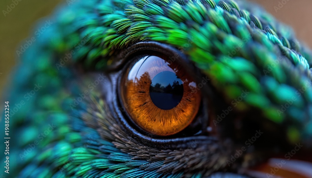 Obraz premium Extreme close-up of a hummingbird eye shows intricate detail and vibrant iridescent green feathers. The amber iris reflects a dark forest landscape under bright daylight. Tiny bird vision is sharp.