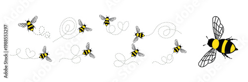 A group of cheerful cartoon bees with black and yellow stripes fly along dashed green paths, creating a playful and minimalist vector illustration perfect for various design projects.