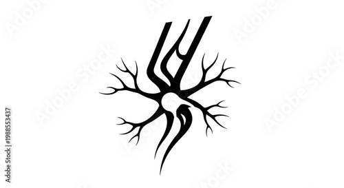 Black Abstract Neuron with Branching Dendrites on White