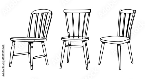 Wooden chair set with black line art on white background featuring minimalist chair, line art, illustrative design with vector and graphic