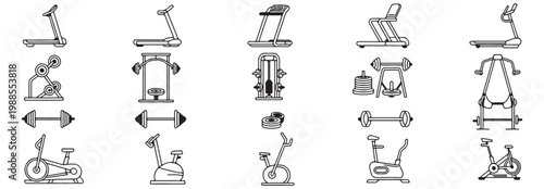 Set of gym equipment icons, including treadmills, exercise bikes, barbells, and weight training machines, vector illustration
