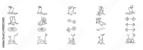 Set of gym equipment icons, including treadmills, exercise bikes, dumbbells, weight plates, and strength training machines, vector illustration