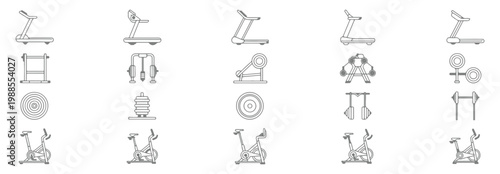 Set of gym equipment icons, fitness machines, treadmills, exercise bikes, weight plates, and barbells, flat vector illustration