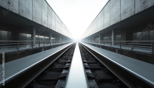 Futuristic train tracks lead to bright light, creating a perspective vanishing point. Modern concrete architecture frames the path. Sleek infrastructure suggests innovation and speed.