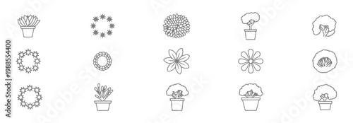 Set of various plant icons, including potted plants, flowers, and topiary trees, simple line art style, botanical elements for garden and interior design