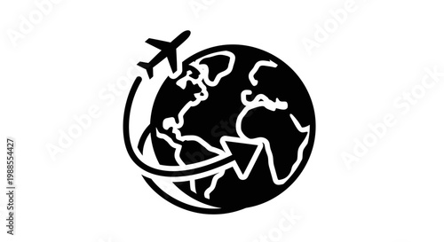 Black and White Globe with Airplane Travel Icon