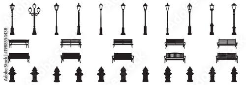 Set of street furniture silhouettes including various designs of street lamps, park benches, and fire hydrants