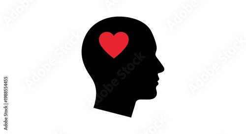 Human Head Silhouette with Red Heart Symbolizing Love and Mind