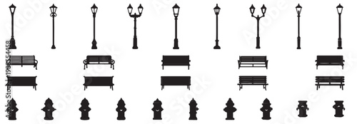 Set of street furniture silhouettes including park benches, street lamps and fire hydrants