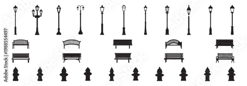 Set of street furniture silhouettes including vintage street lamps, park benches, and fire hydrants