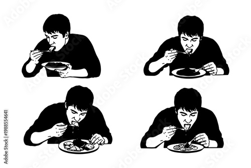 Man Eating Food Silhouette Vector Set Casual Meal Dining Eating Pose Illustration Collection