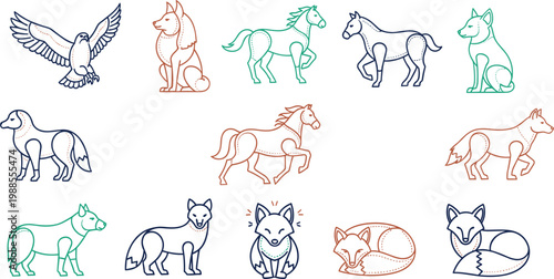 Professional Wildlife and Animal Silhouette Set Featuring Eagle Horse Wolf and Fox with Geometric Dotted Details for Creative Branding and Nature Graphic Designs