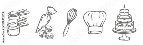 Professional pastry and baking icon set including measuring cups, piping bag with macarons, whisk, chef hat, and tiered cake. Elegant black line art vector for bakery branding and logo design.