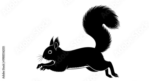 Black Silhouette of an Energetic Squirrel Jumping or Running on an Isolated White Background
