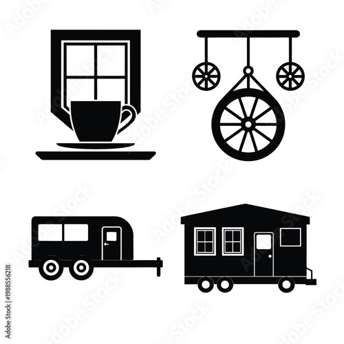 Collection of flat icon vectors featuring coffee cup decorative wheel travel trailer and mobile home cabin