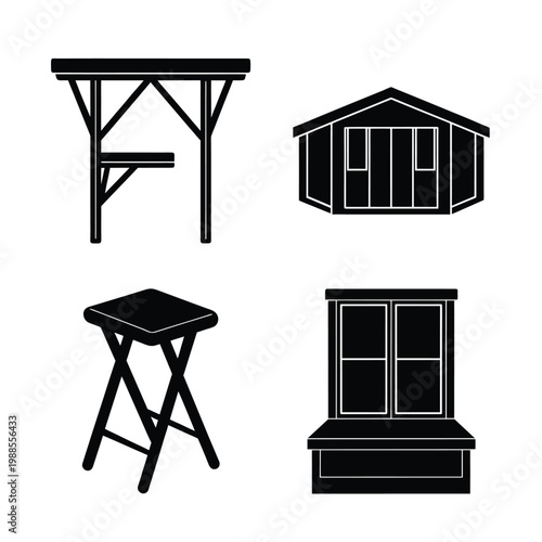 Collection of minimalist furniture and architectural silhouette icons featuring folding table garden shed stool and window