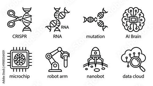 Biotechnology and AI icons crispr dna rna mutation microchip robot nanobot data cloud.
