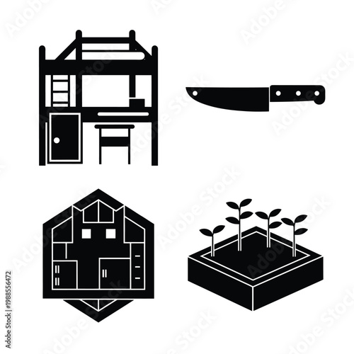 Set of vector icons depicting furniture loft bed kitchen knife architectural floor plan and plant seedlings