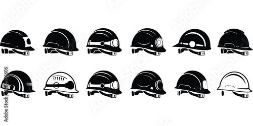 a collection of black and white hard hat safety helmets for construction and mining workers, minimal design set representing occupational safety protection standards in building and mining industries.