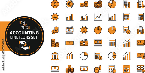 Modern flat design vector icon set featuring essential accounting and financial symbols. Ideal for business presentations, websites, apps, and educational materials in finance and accounting sectors.