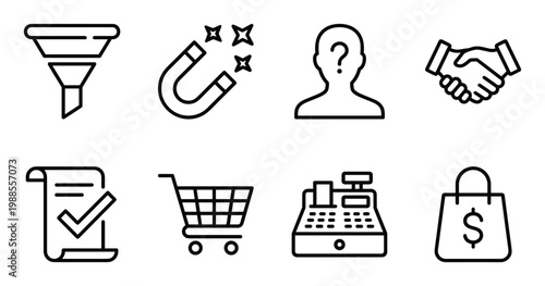 Business and sales concept icons for marketing and customer relations.